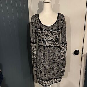 Free People Black and Gray Floral Lace Dress. Lacy sheer sexy long sleeve.